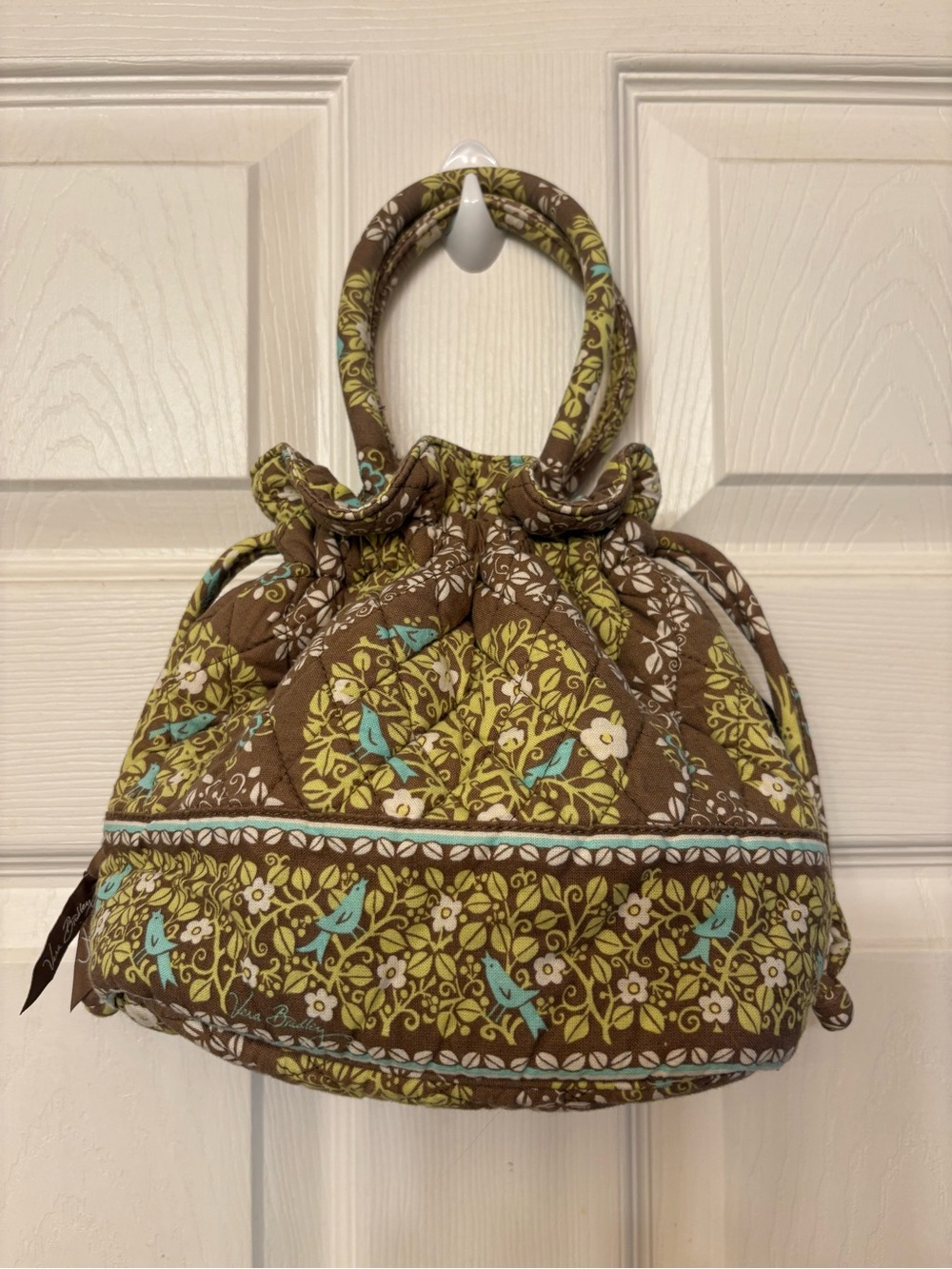 Vera Bradley Quilted Brown Floral Drawstring Handbag with Aqua Bird Accents
